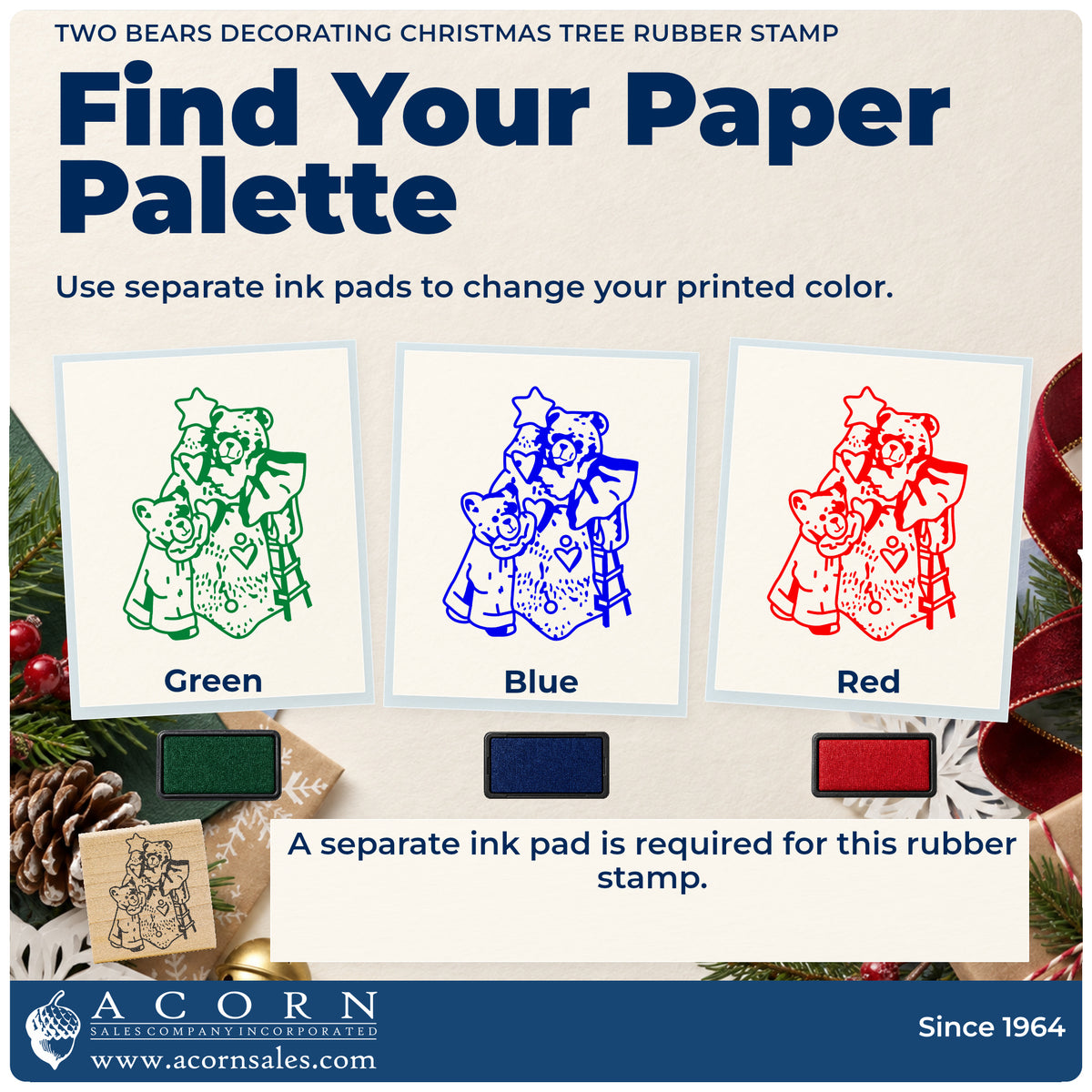 Two Bears Decorating Christmas Tree Rubber Stamp ink-color infographic comparing three single-color impressions and a separate ink pad.