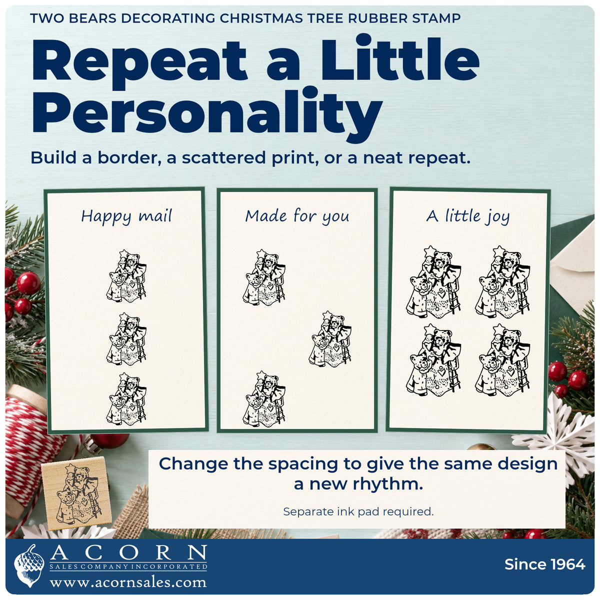 Two Bears Decorating Christmas Tree Rubber Stamp pattern guide showing repeated impressions in borders, scattered prints and a grid.