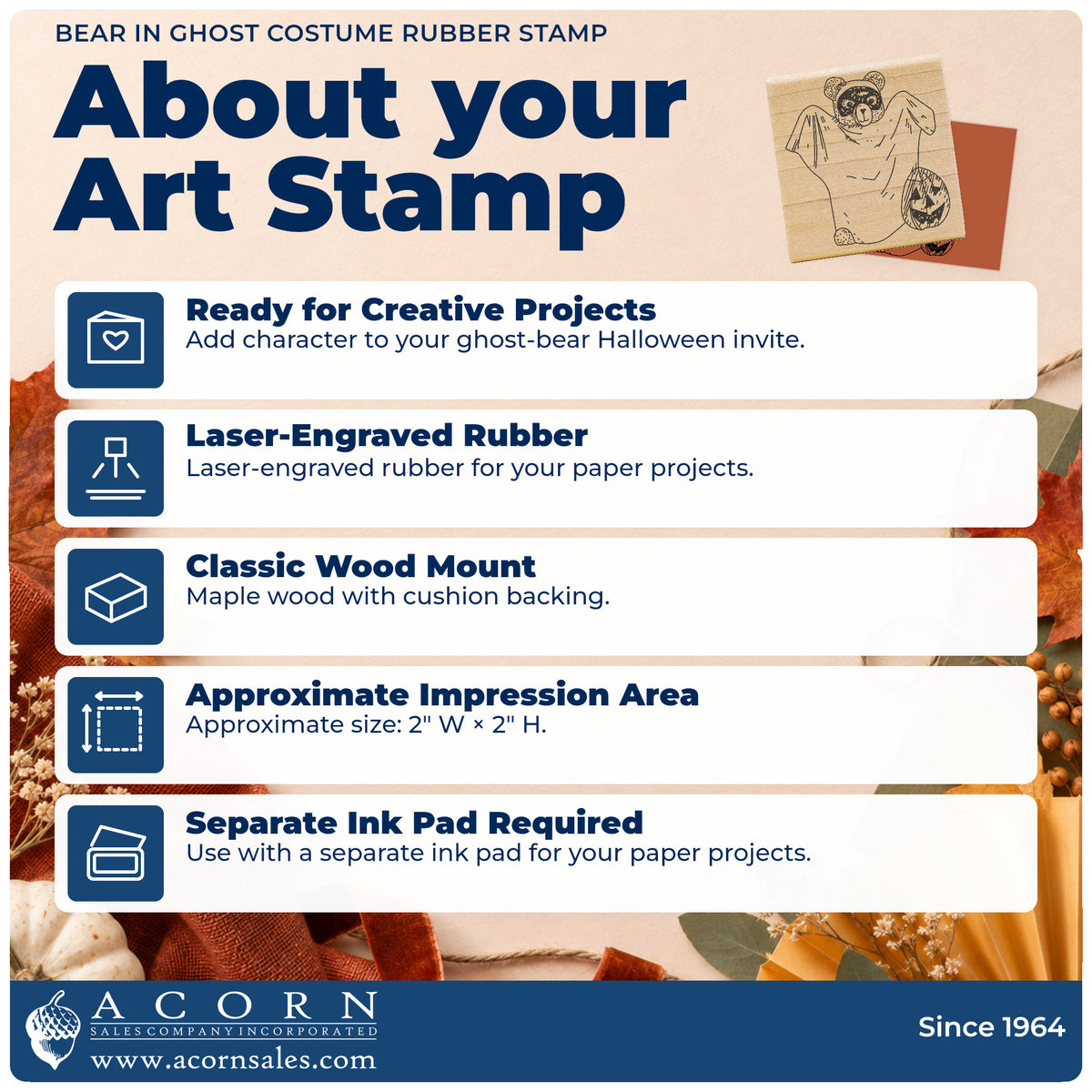 Bear in Ghost Costume Rubber Stamp feature guide covering the wood mount, rubber construction, approximate size and separate ink pad.
