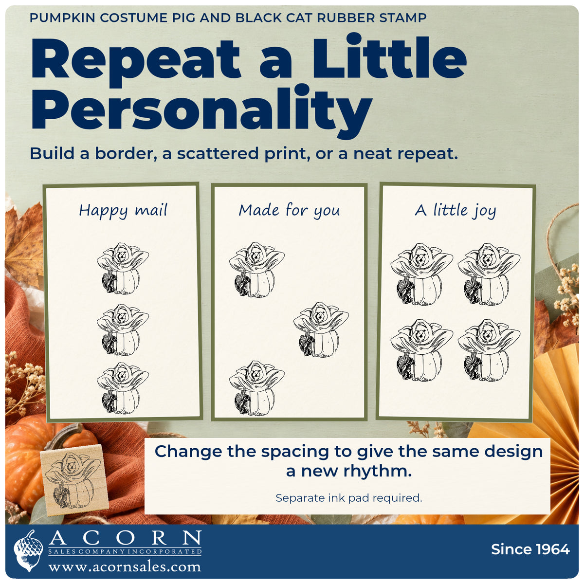Pumpkin Costume Pig and Black Cat Rubber Stamp pattern guide showing repeated impressions in borders, scattered prints and a grid.