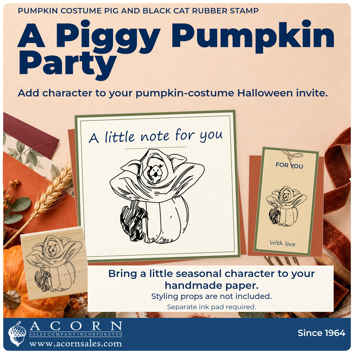 Pumpkin Costume Pig and Black Cat Rubber Stamp project inspiration: pumpkin costume Halloween invite.