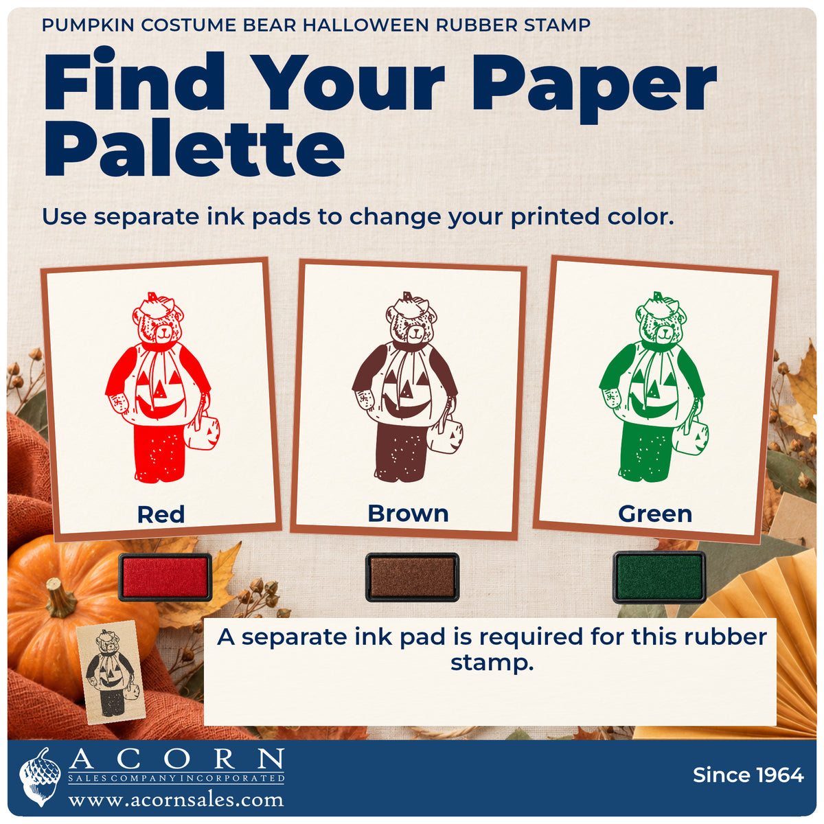 Pumpkin Costume Bear Halloween Rubber Stamp ink-color infographic comparing three single-color impressions and a separate ink pad.