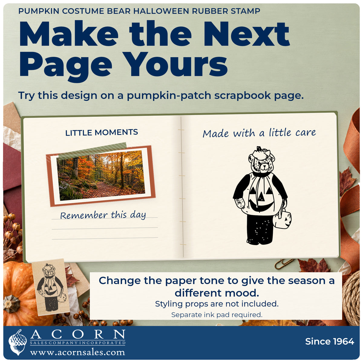Pumpkin Costume Bear Halloween Rubber Stamp project inspiration: pumpkin patch scrapbook page.