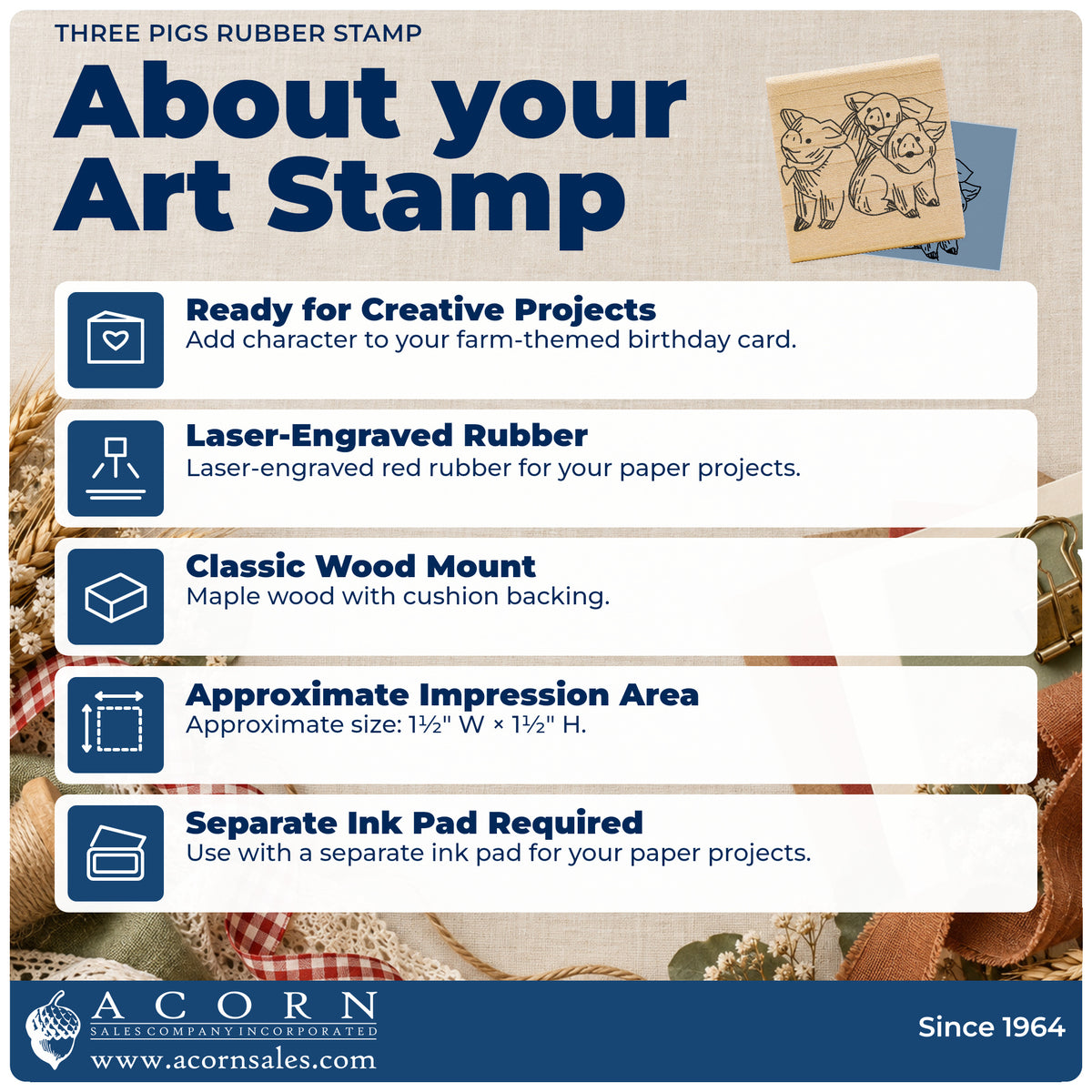 Three Pigs Rubber Stamp feature guide covering the wood mount, rubber construction, approximate size and separate ink pad.