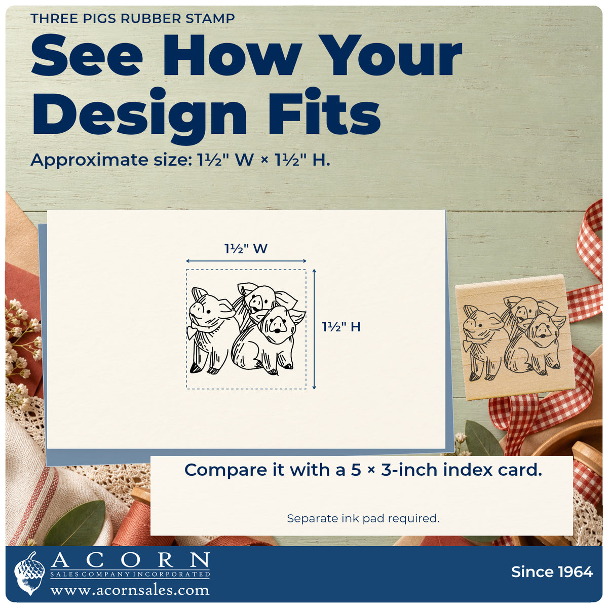 Three Pigs Rubber Stamp impression-size guide showing the design on a paper reference with dimension labels.