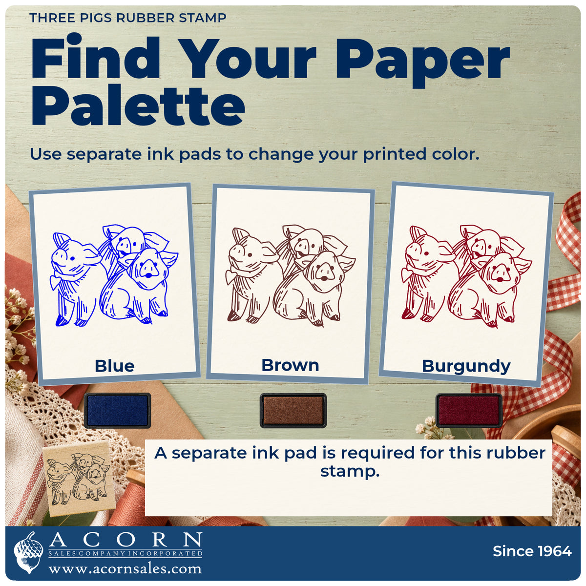 Three Pigs Rubber Stamp ink-color infographic comparing three single-color impressions and a separate ink pad.