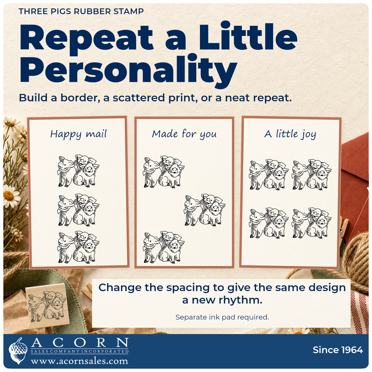Three Pigs Rubber Stamp pattern guide showing repeated impressions in borders, scattered prints and a grid.