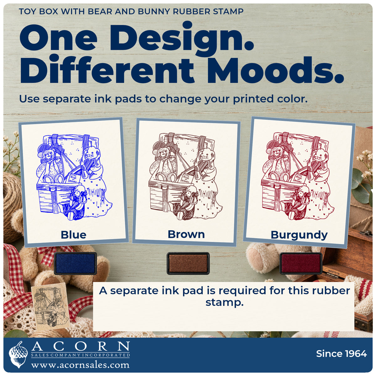 Toy Box with Bear and Bunny Rubber Stamp ink-color infographic comparing three single-color impressions and a separate ink pad.