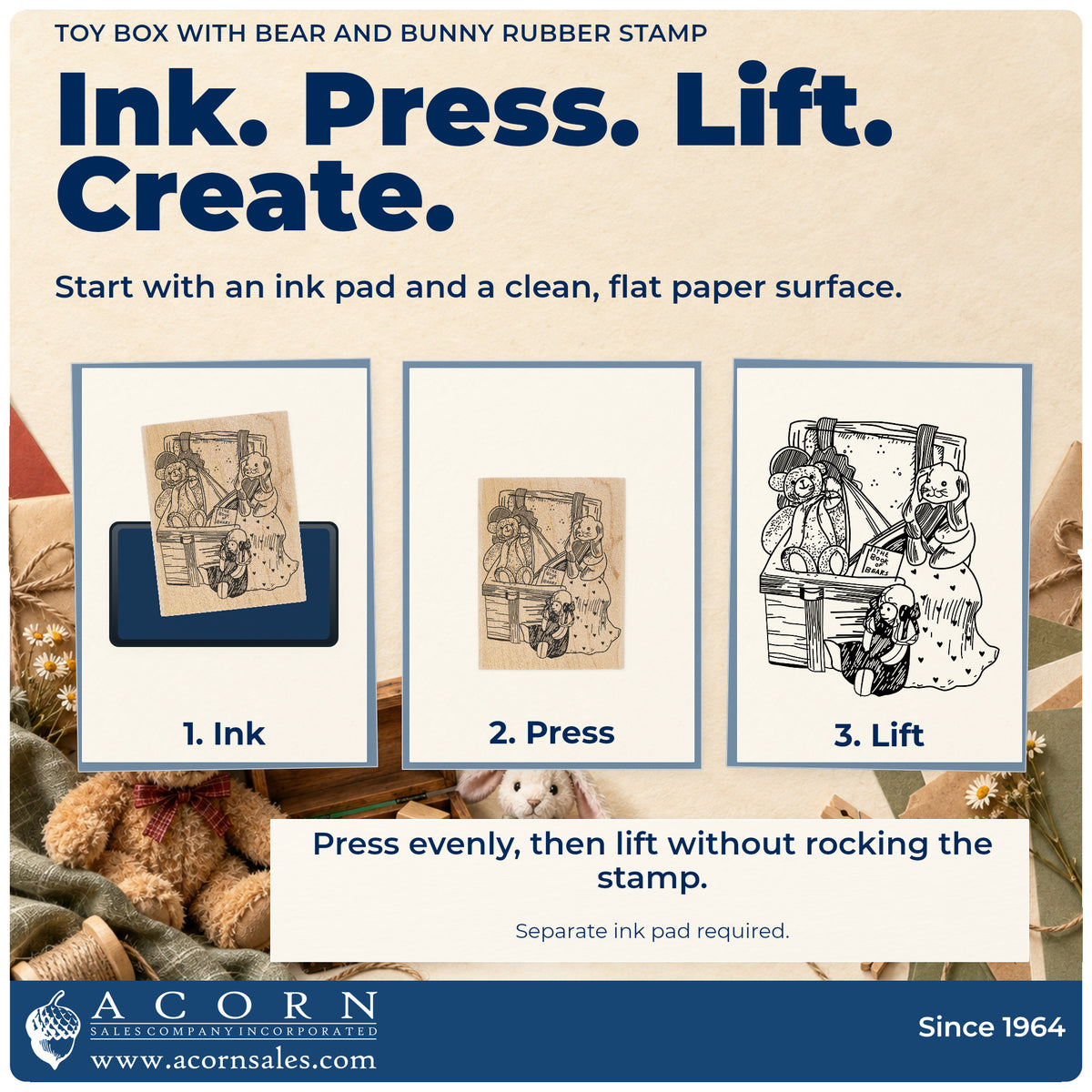 Toy Box with Bear and Bunny Rubber Stamp stamping guide illustrating how to ink, press and lift the stamp.