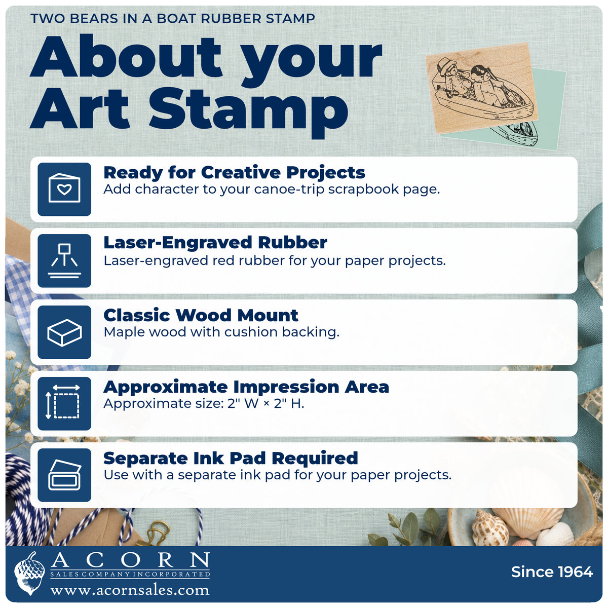 Two Bears in a Boat Rubber Stamp feature guide covering the wood mount, rubber construction, approximate size and separate ink pad.