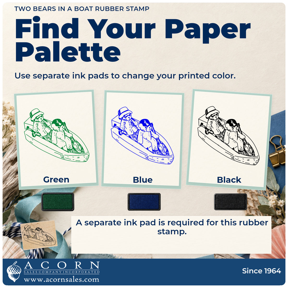 Two Bears in a Boat Rubber Stamp ink-color infographic comparing three single-color impressions and a separate ink pad.