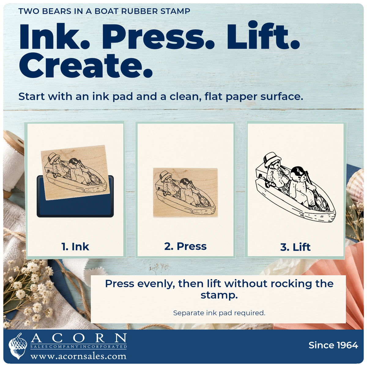 Two Bears in a Boat Rubber Stamp stamping guide illustrating how to ink, press and lift the stamp.