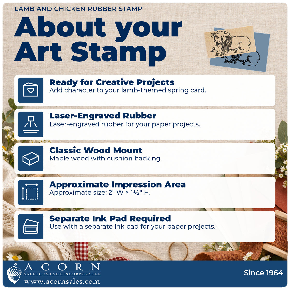 Lamb and Chicken Rubber Stamp feature guide covering the wood mount, rubber construction, approximate size and separate ink pad.