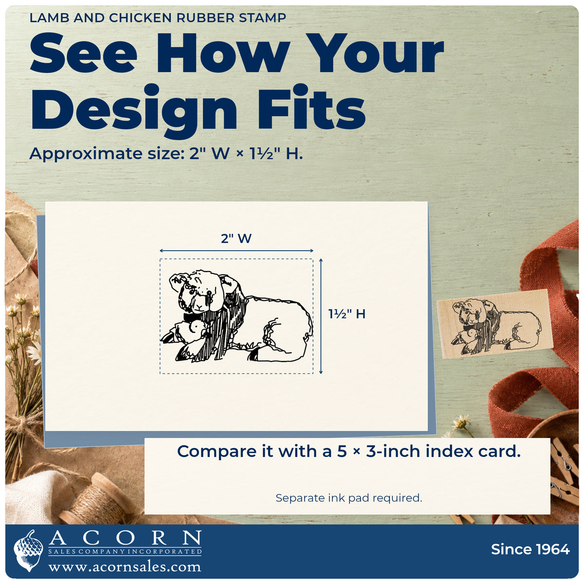 Lamb and Chicken Rubber Stamp impression-size guide showing the design on a paper reference with dimension labels.