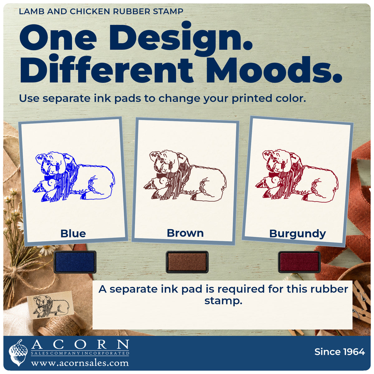 Lamb and Chicken Rubber Stamp ink-color infographic comparing three single-color impressions and a separate ink pad.