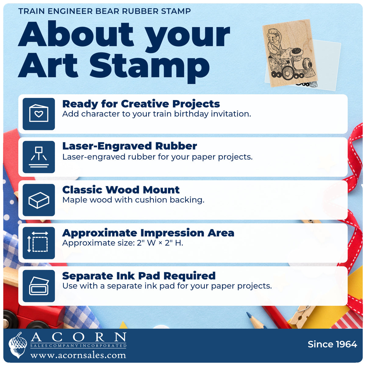 Train Engineer Bear Rubber Stamp feature guide covering the wood mount, rubber construction, approximate size and separate ink pad.
