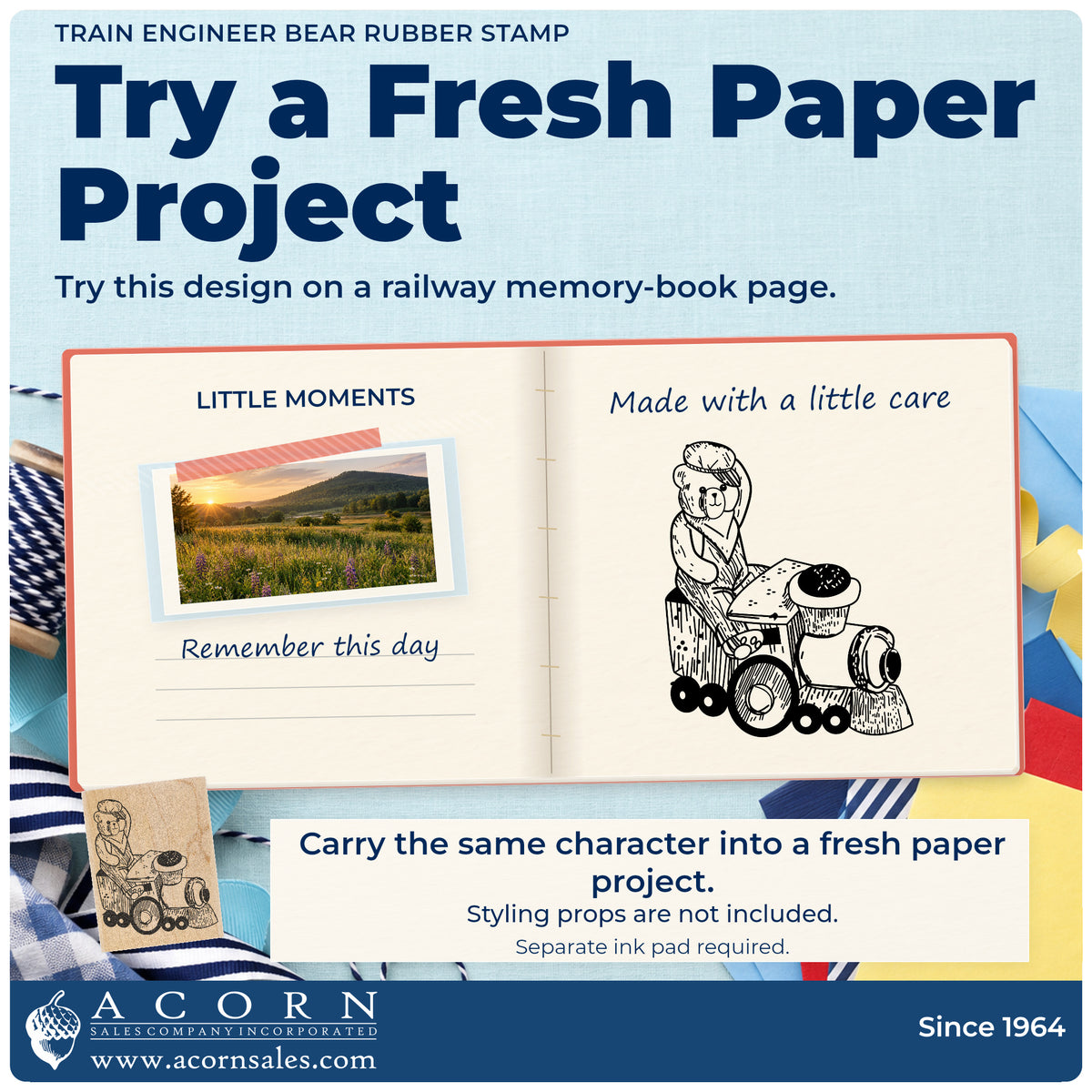 Train Engineer Bear Rubber Stamp project inspiration: railway memory book page.