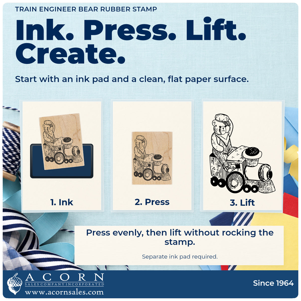 Train Engineer Bear Rubber Stamp stamping guide illustrating how to ink, press and lift the stamp.