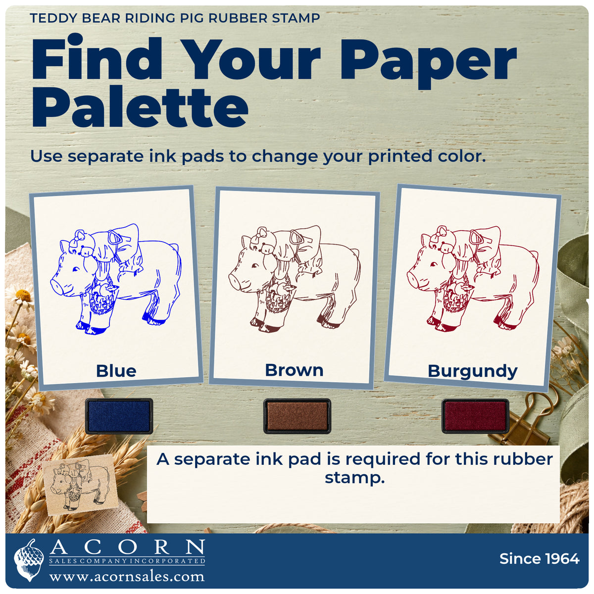 Teddy Bear Riding Pig Rubber Stamp ink-color infographic comparing three single-color impressions and a separate ink pad.