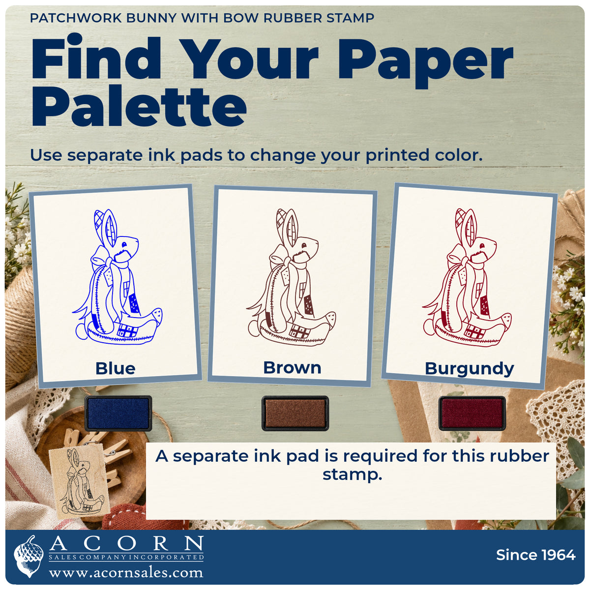 Patchwork Bunny with Bow Rubber Stamp ink-color infographic comparing three single-color impressions and a separate ink pad.