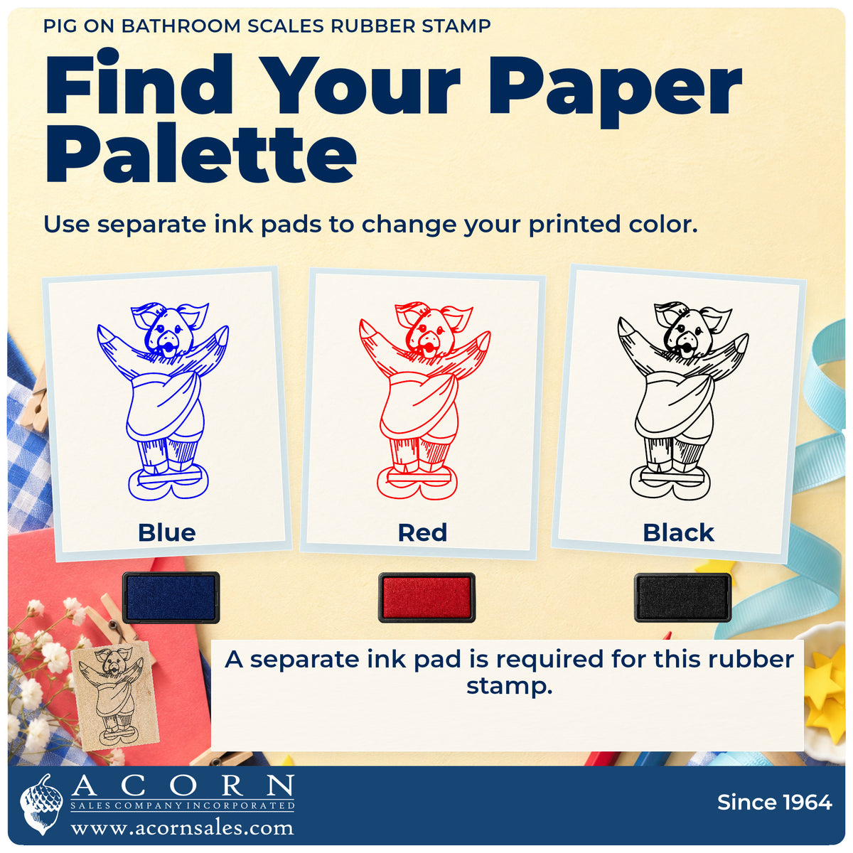 Pig on Bathroom Scales Rubber Stamp ink-color infographic comparing three single-color impressions and a separate ink pad.