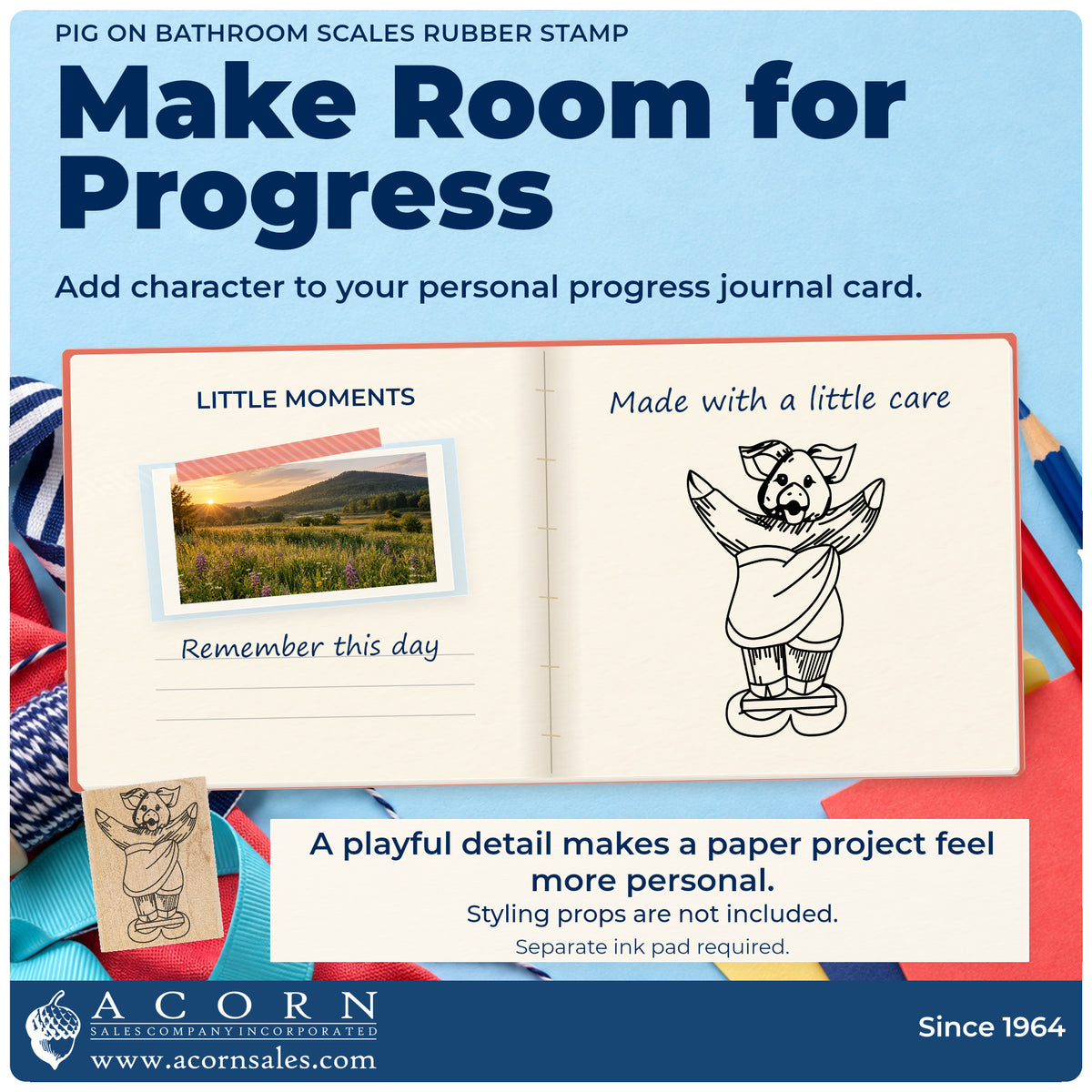 Pig on Bathroom Scales Rubber Stamp project inspiration: personal progress journal card.