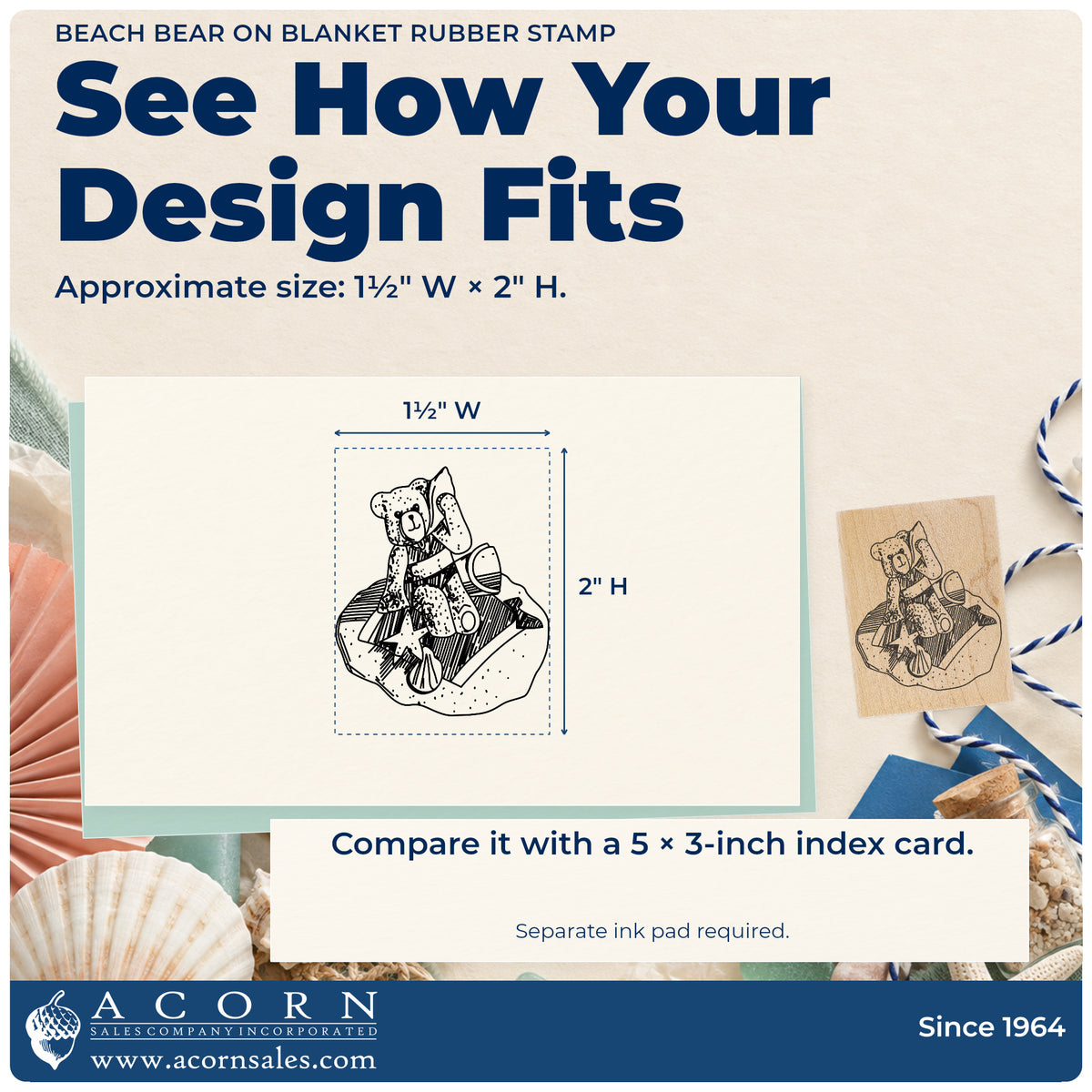 Beach Bear on Blanket Rubber Stamp impression-size guide showing the design on a paper reference with dimension labels.