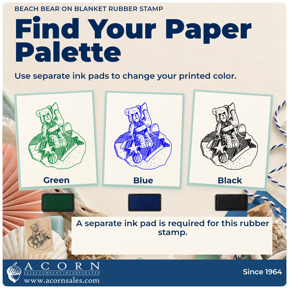 Beach Bear on Blanket Rubber Stamp ink-color infographic comparing three single-color impressions and a separate ink pad.