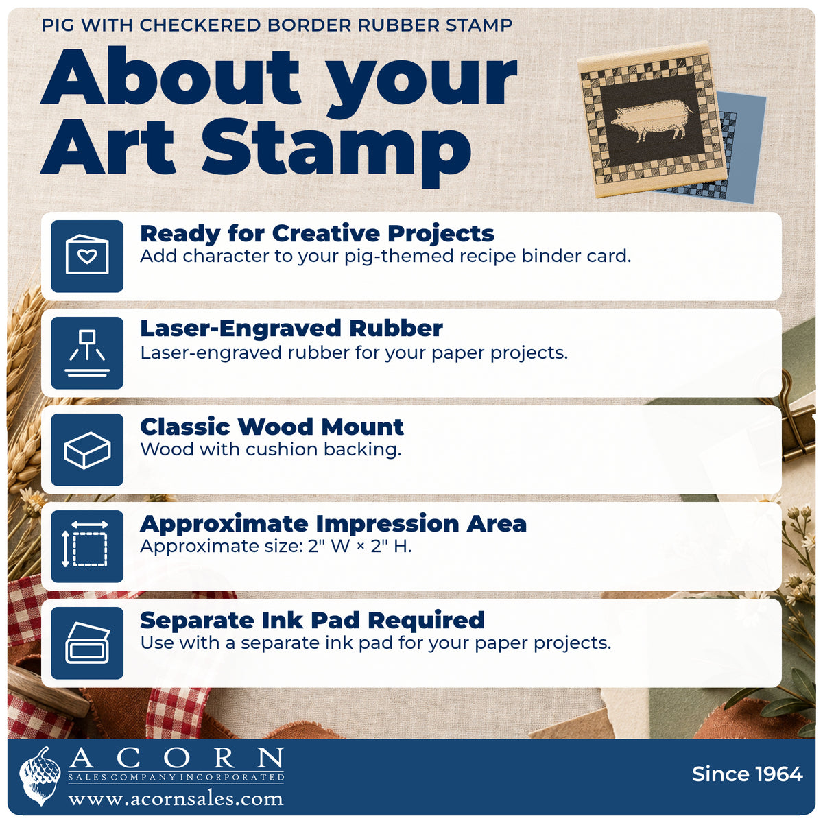 Pig with Checkered Border Rubber Stamp feature guide covering the wood mount, rubber construction, approximate size and separate ink pad.