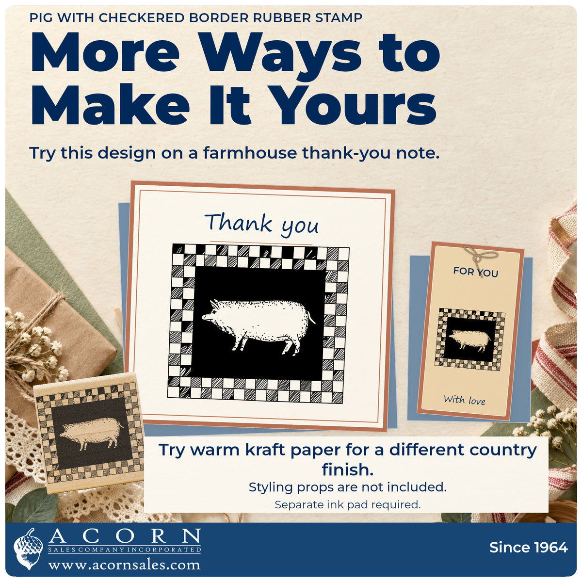 Pig with Checkered Border Rubber Stamp project inspiration: farmhouse thank you note.