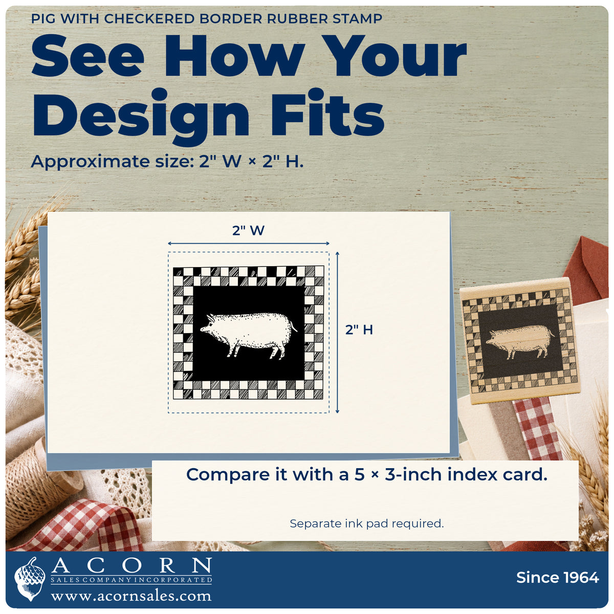 Pig with Checkered Border Rubber Stamp impression-size guide showing the design on a paper reference with dimension labels.