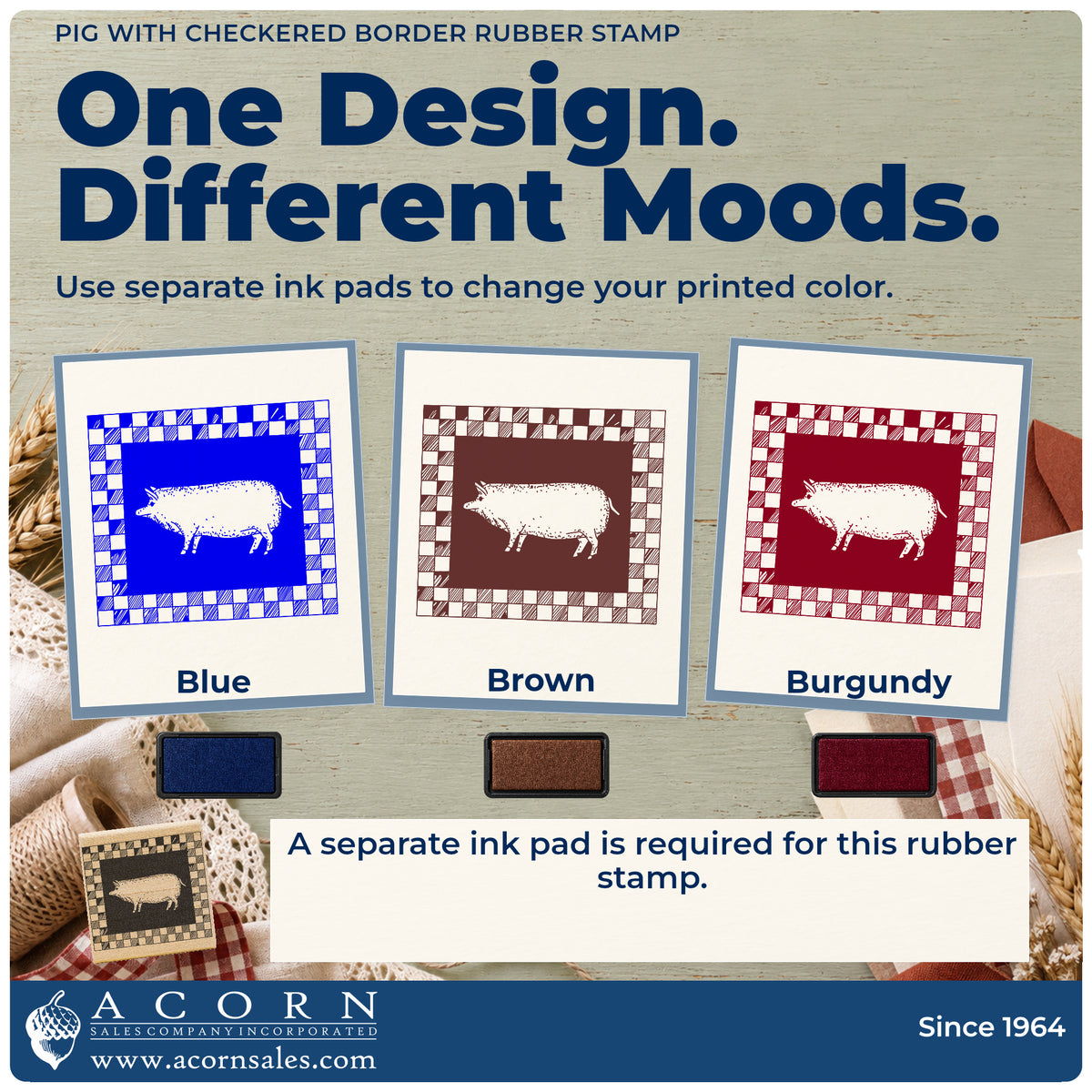 Pig with Checkered Border Rubber Stamp ink-color infographic comparing three single-color impressions and a separate ink pad.