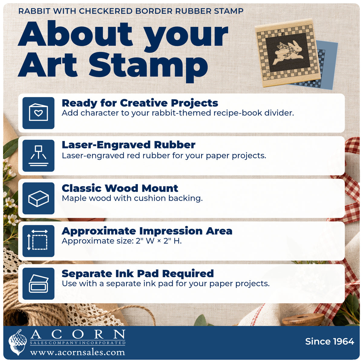 Rabbit with Checkered Border Rubber Stamp feature guide covering the wood mount, rubber construction, approximate size and separate ink pad.