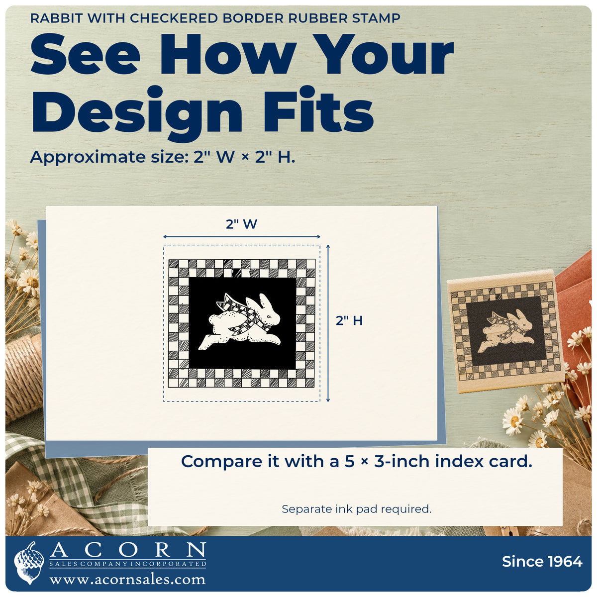 Rabbit with Checkered Border Rubber Stamp impression-size guide showing the design on a paper reference with dimension labels.