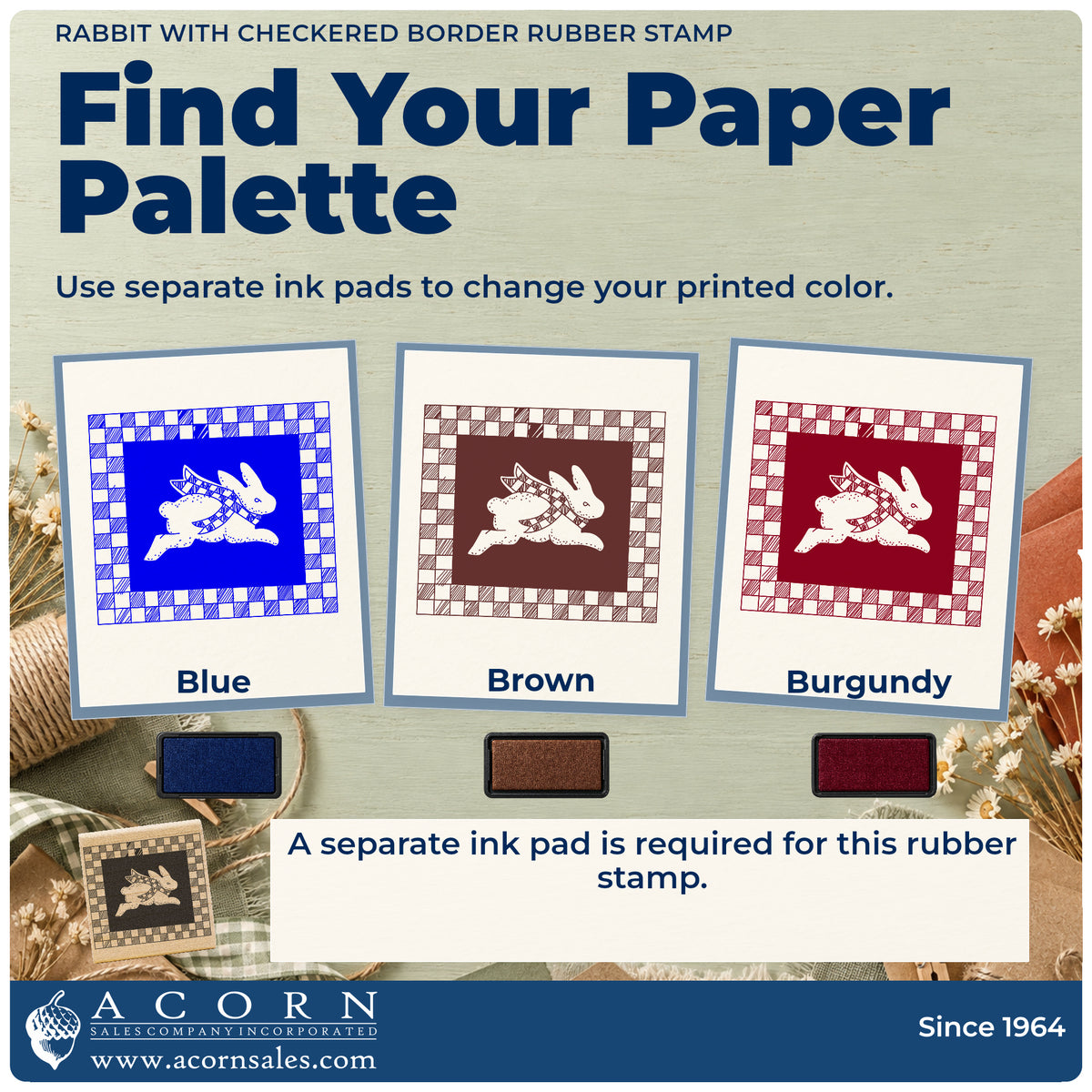 Rabbit with Checkered Border Rubber Stamp ink-color infographic comparing three single-color impressions and a separate ink pad.
