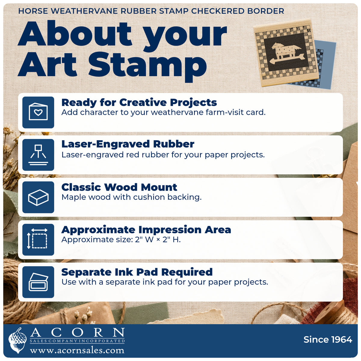 Horse Weathervane Rubber Stamp Checkered Border feature guide covering the wood mount, rubber construction, approximate size and separate ink pad.