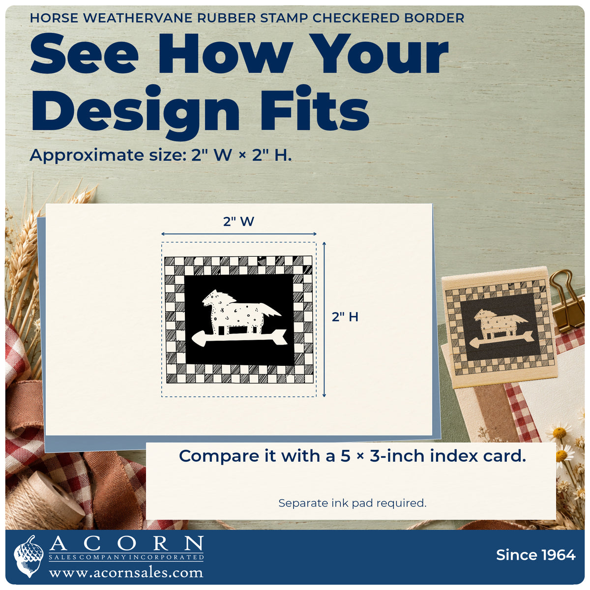 Horse Weathervane Rubber Stamp Checkered Border impression-size guide showing the design on a paper reference with dimension labels.