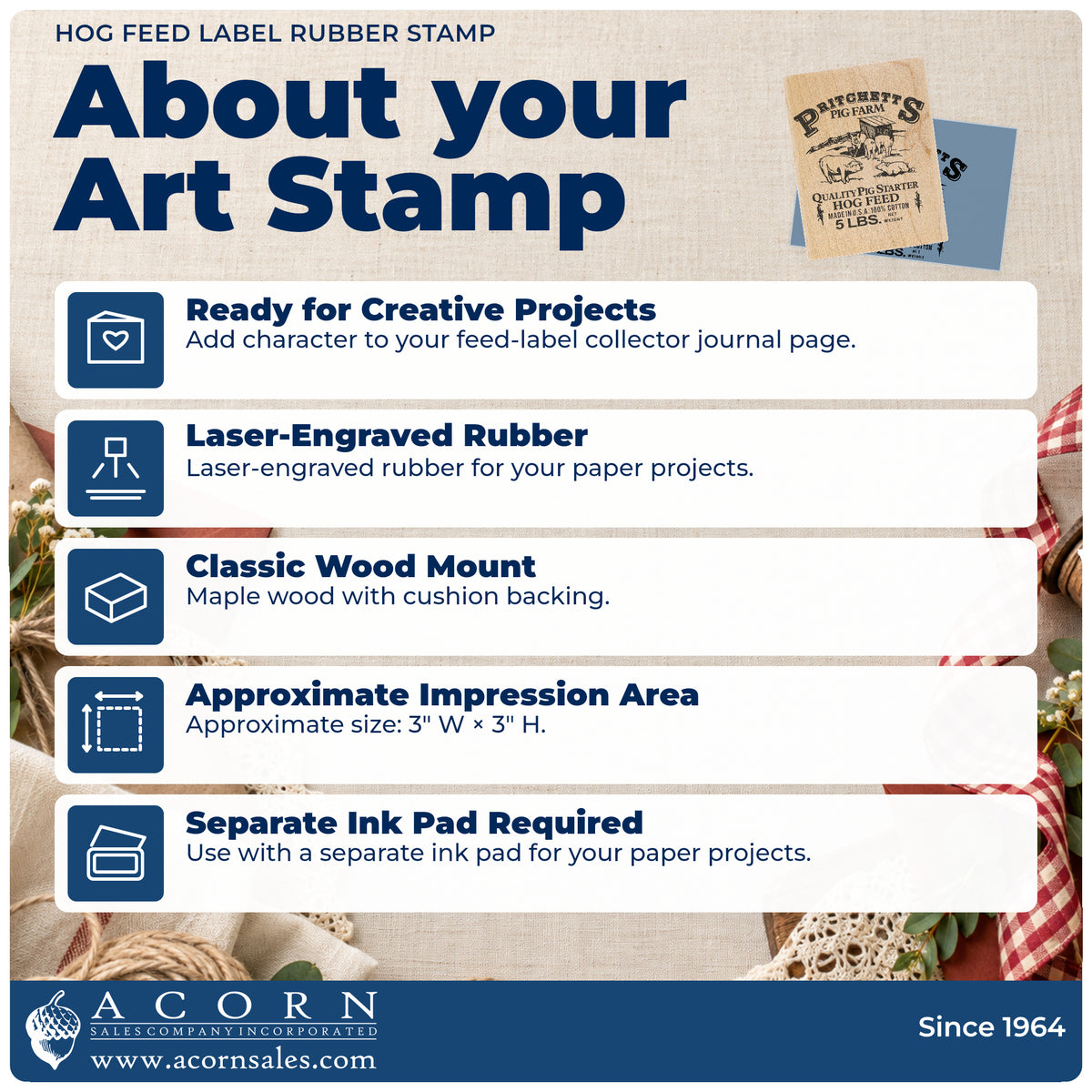 Hog Feed Label Rubber Stamp feature guide covering the wood mount, rubber construction, approximate size and separate ink pad.