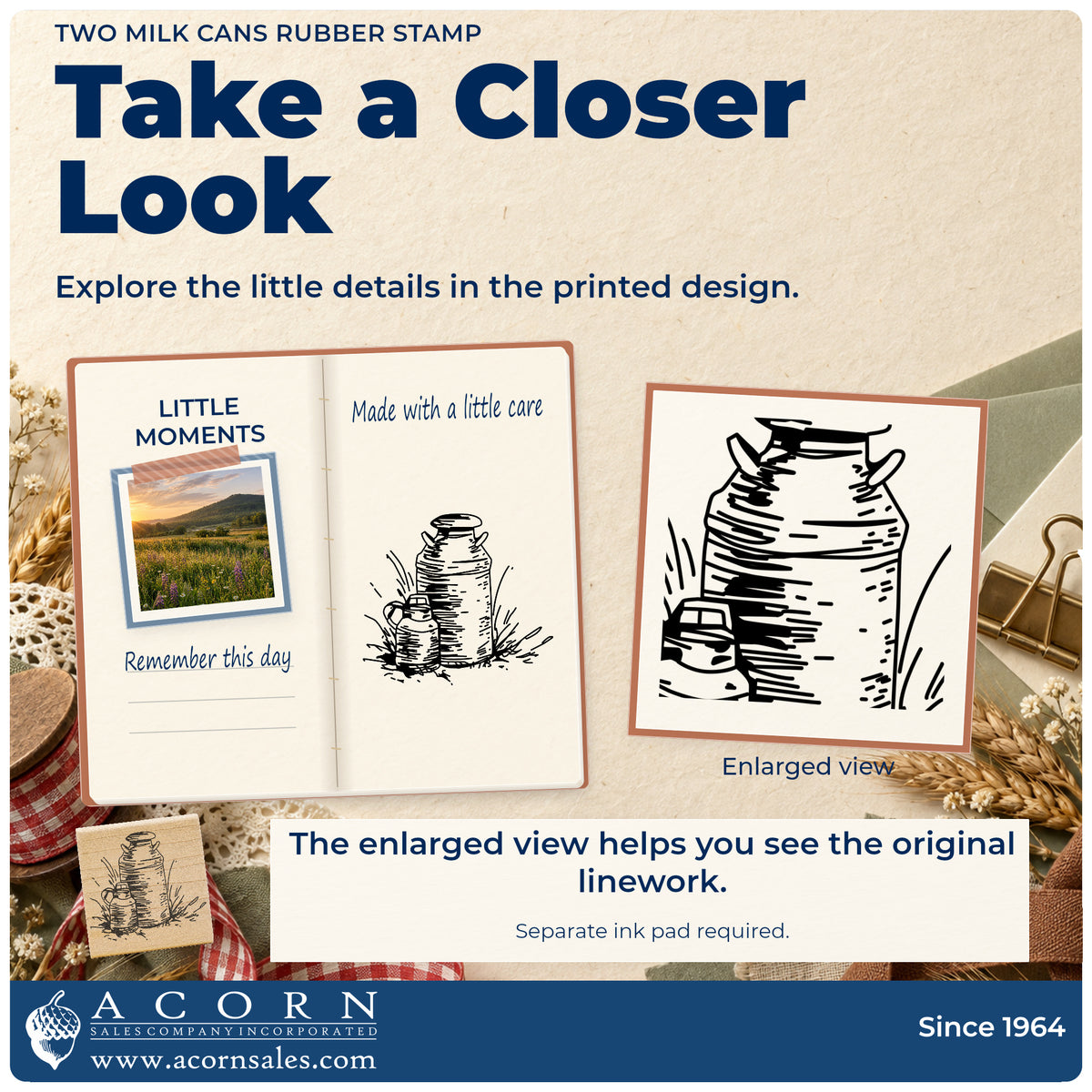 Two Milk Cans Rubber Stamp detail infographic with an enlarged view of the printed design.