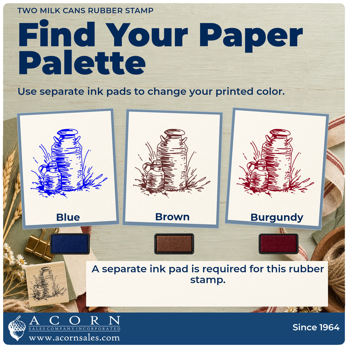 Two Milk Cans Rubber Stamp ink-color infographic comparing three single-color impressions and a separate ink pad.