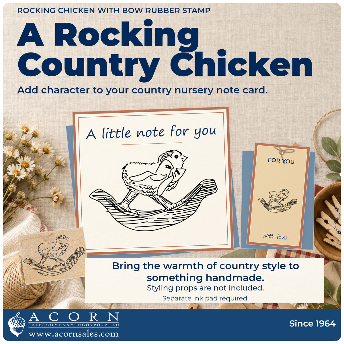 Rocking Chicken with Bow Rubber Stamp project inspiration: country nursery note card.