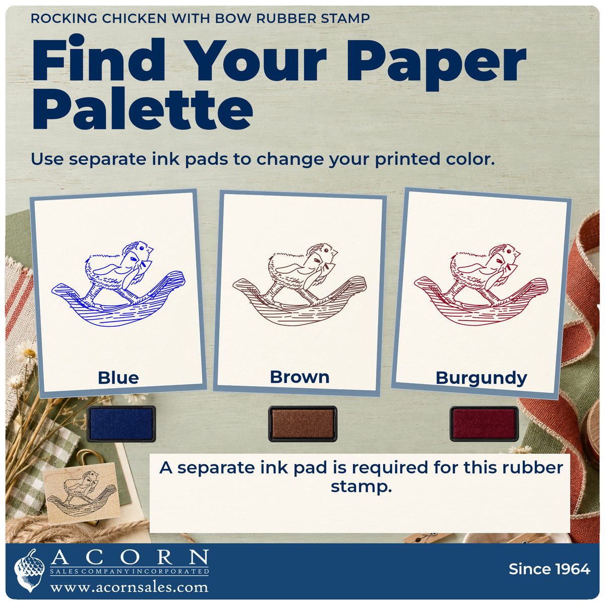 Rocking Chicken with Bow Rubber Stamp ink-color infographic comparing three single-color impressions and a separate ink pad.
