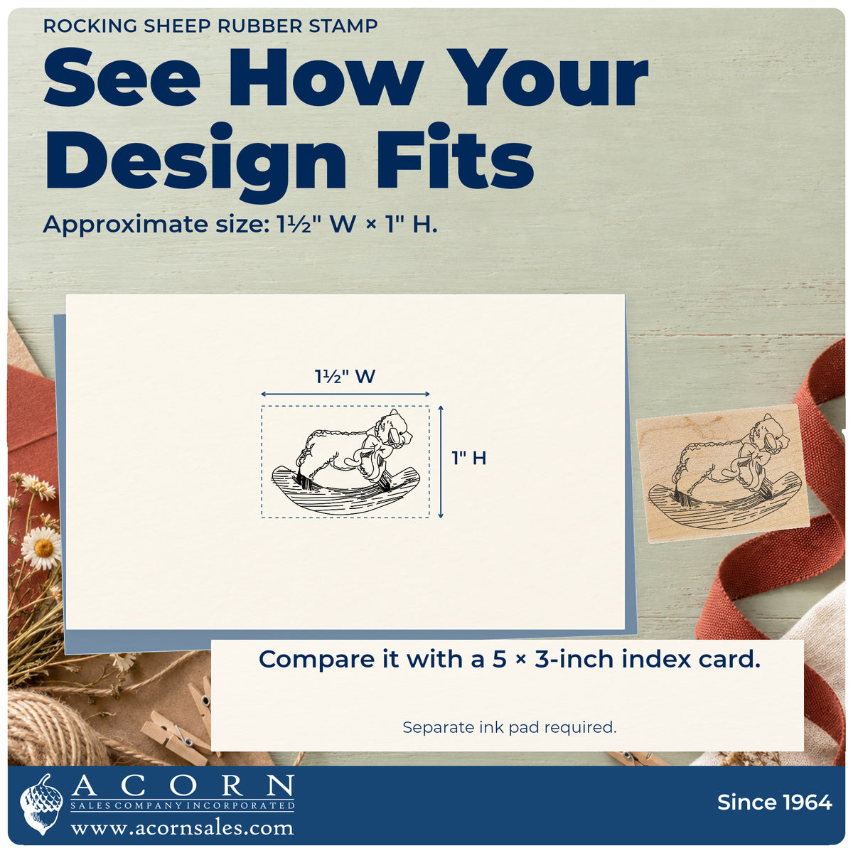 Rocking Sheep Rubber Stamp impression-size guide showing the design on a paper reference with dimension labels.