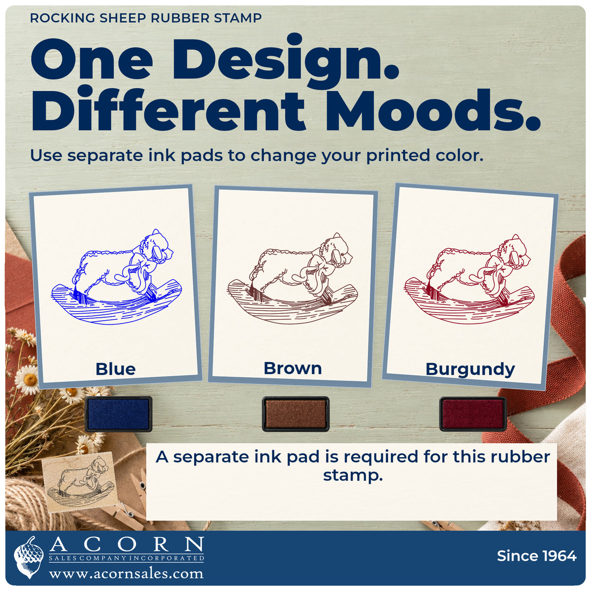 Rocking Sheep Rubber Stamp ink-color infographic comparing three single-color impressions and a separate ink pad.