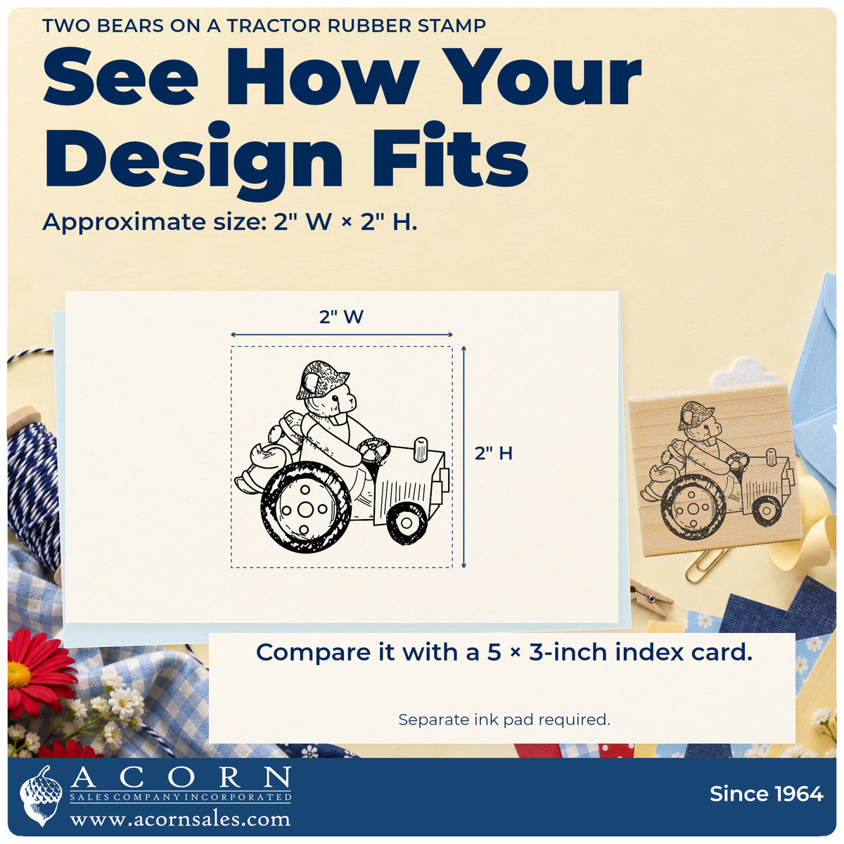 Two Bears on a Tractor Rubber Stamp impression-size guide showing the design on a paper reference with dimension labels.