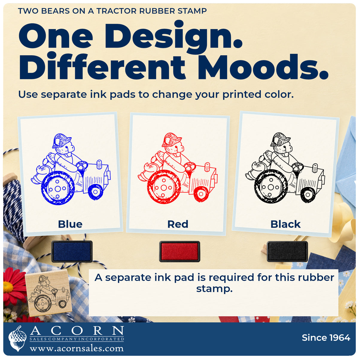 Two Bears on a Tractor Rubber Stamp ink-color infographic comparing three single-color impressions and a separate ink pad.