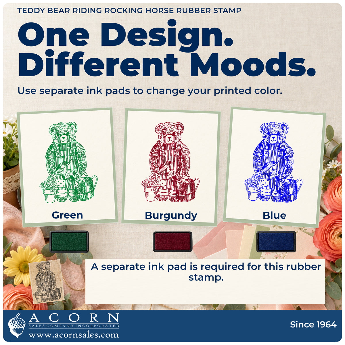 Teddy Bear Riding Rocking Horse Rubber Stamp ink-color infographic comparing three single-color impressions and a separate ink pad.