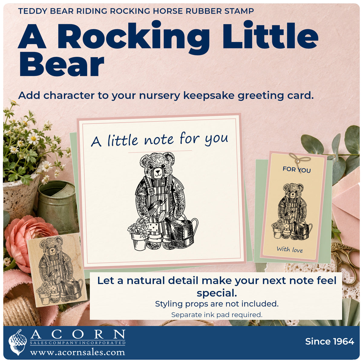 Teddy Bear Riding Rocking Horse Rubber Stamp project inspiration: nursery keepsake greeting card.