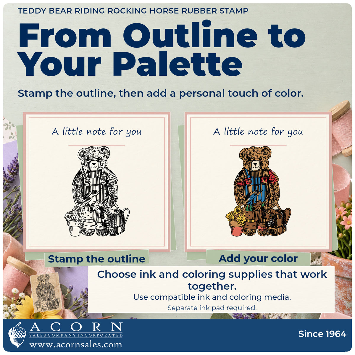 Teddy Bear Riding Rocking Horse Rubber Stamp stamp-and-color guide comparing an outline impression with a colored example.