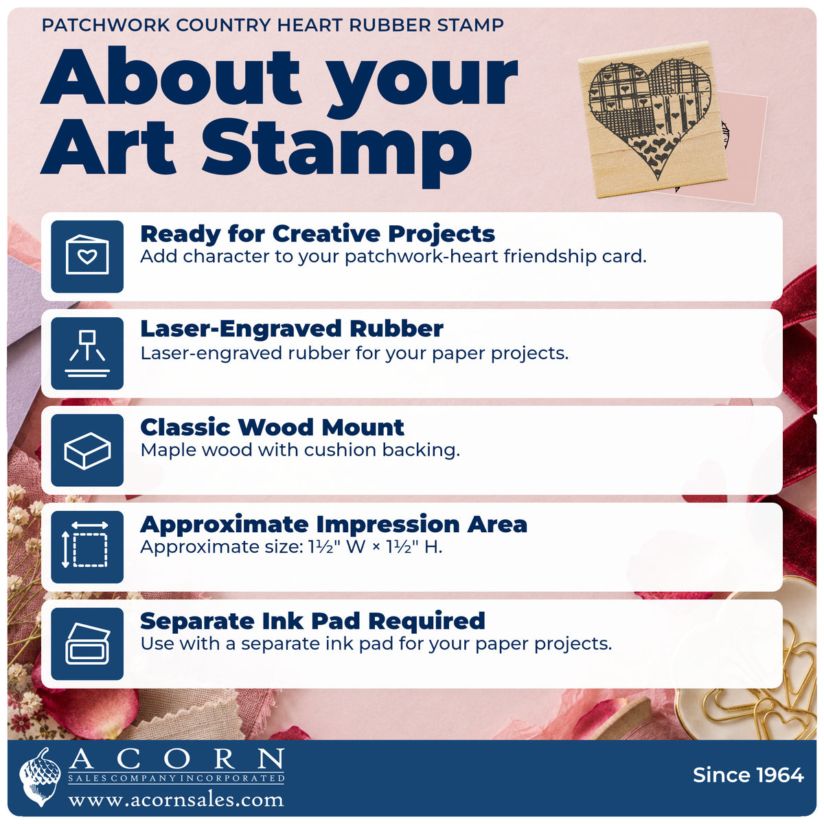 Patchwork Country Heart Rubber Stamp feature guide covering the wood mount, rubber construction, approximate size and separate ink pad.